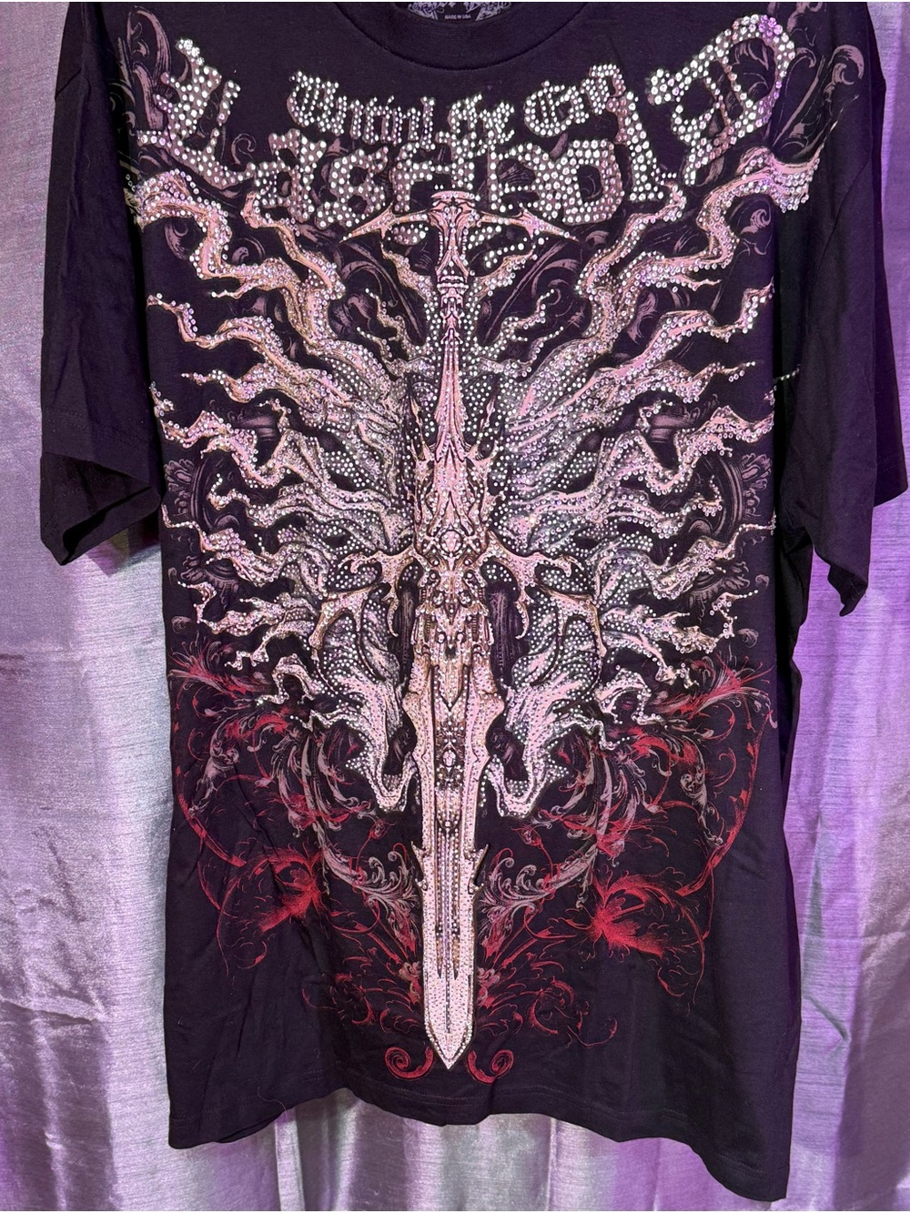 Black Short-Sleeve Graphic Tee with Ornate Sword Motif